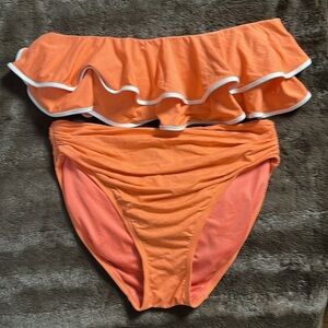 CARMEN MARC VALVO Ruffle Bandeau Bikini Set Sun Coral Sz Med